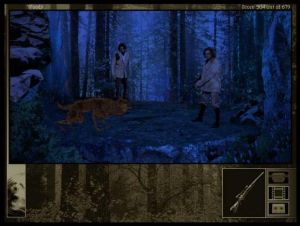 Gabriel, holding a gun, and von Glower confront a werewolf in Gabriel Knight 2.