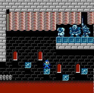 Mega Man Ultra, a ROM hack of Mega Man 2 by infidelity, reskins its original game and stirs in assets from other games. Here, Mega Man explores Dr. Wily's temple, which uses a temple backdrop from Zelda II: The Adventure of Link.