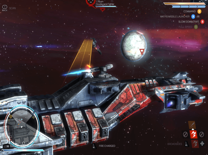 Broadside combat. Maneuver the ship so it's parallel with your opponent, line up the aiming reticule, and fire. All necessary controls are listed at the screen.